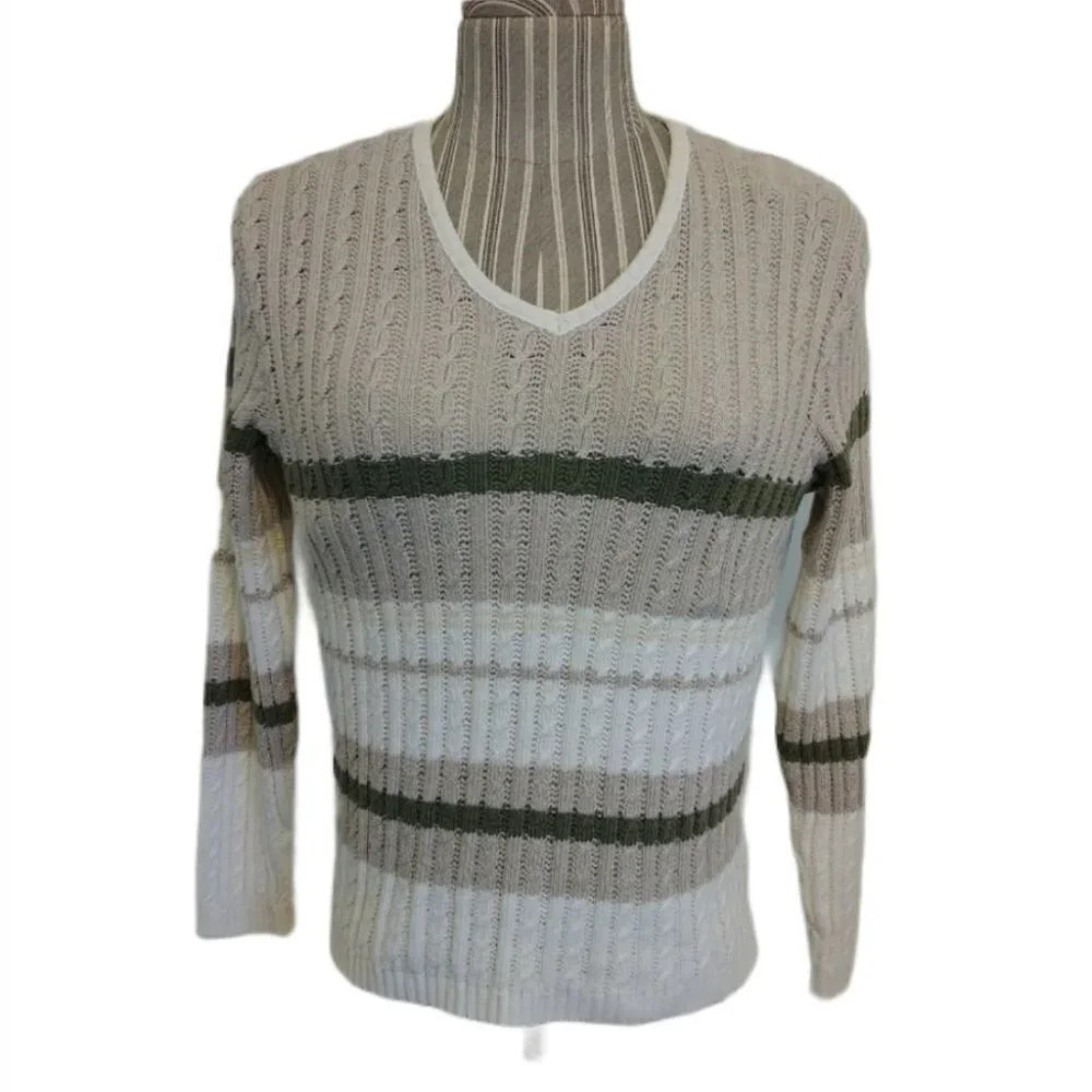 Striped Cable Knit VNeck Sweater, Earthy Colours L